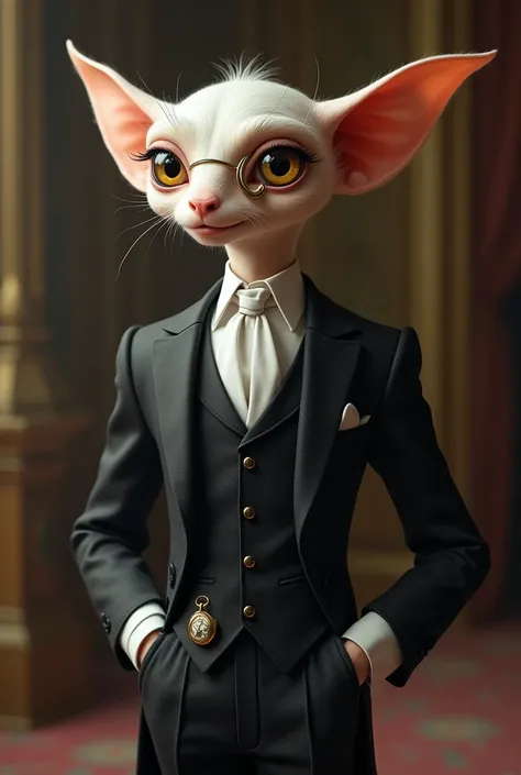 A house elf dressed in a butler&#39;s outfit with a monocle and a pocket watch