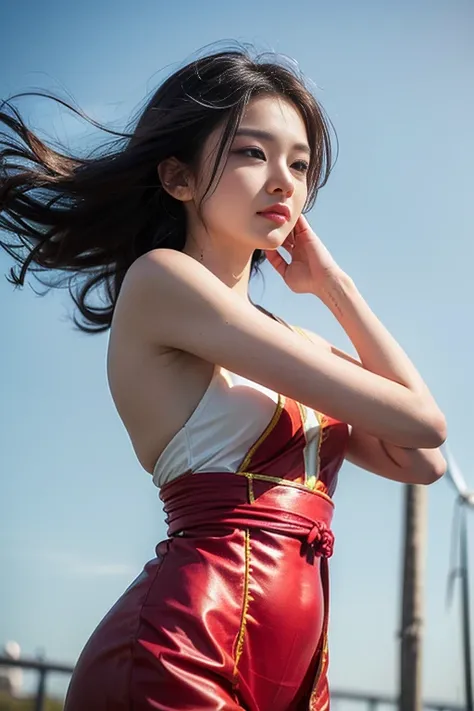 (Feel the wind pose:1.3, Hair blowing in the wind:1.5), (beautiful girl, Baby Face:1.6, Cute face, Idol Face:1.2), (Small and slender figure), (Slender body line), (((Mysterious and divine々Ishi costume:1.3))), (Girl&#39;s smooth body:1.2), Delicate beautif...