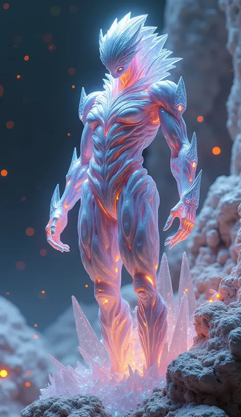 Design an alien species called Crystallin. These aliens are entirely made of crystalline minerals, with their bodies resembling shimmering sculptures. Their skin is composed of gem-like materials such as diamonds and sapphires, reflecting light in dazzling...