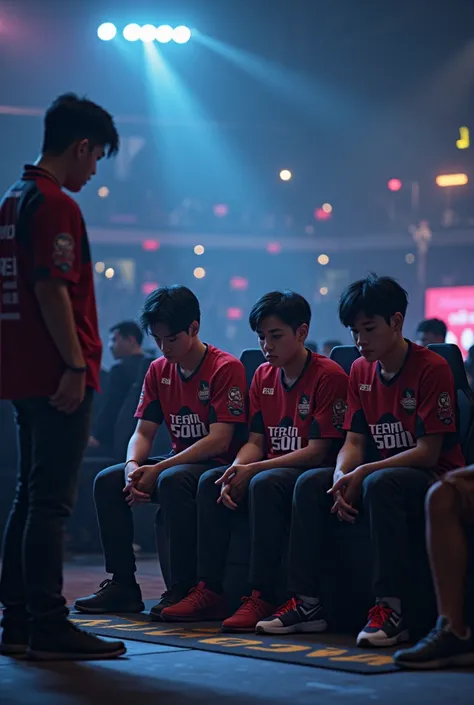 Here’s the revised prompt:

"Create a scene in a modern eSports arena. In the foreground, depict an eSports team of four members, looking dejected and exhausted after a recent tournament loss. They are sitting together, their body language conveying disapp...