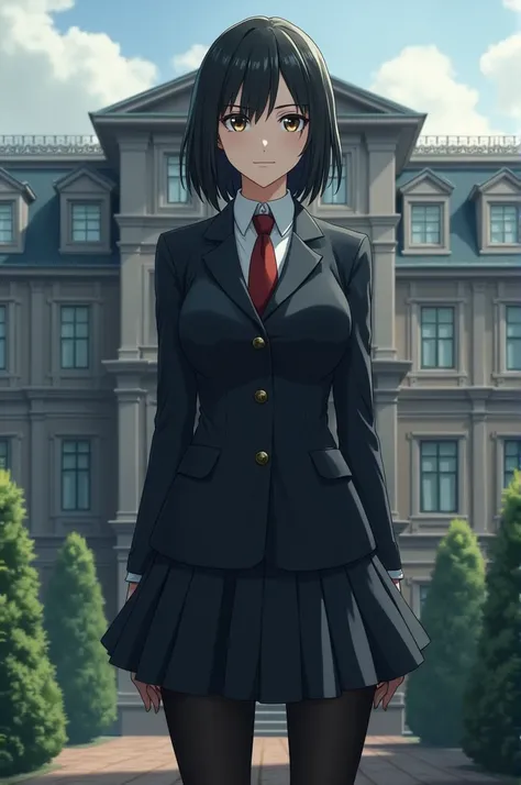 A female villain in school uniform with three tier school as background 