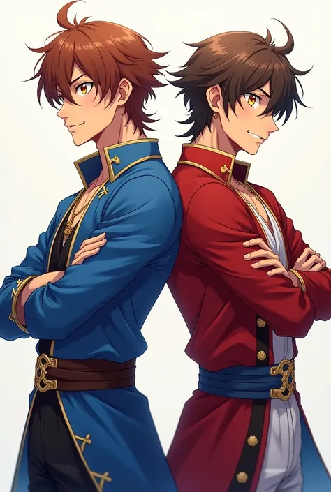 Twins men anime bnha,brown hair,honey colored eyes,Tanned skin and blue and red clothing