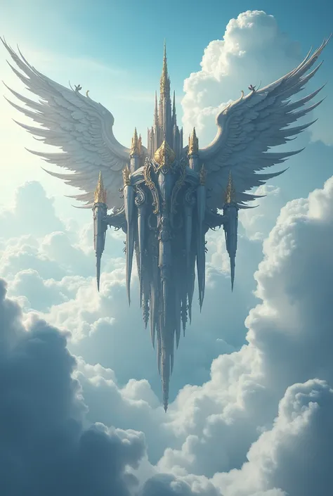 masterpiece、 Best Quality、 Very detailed、8k、 High resolution、Fantasy、Heavenly Fortress(Mechanical Wings、Mechanical Arm)、null、cloud、