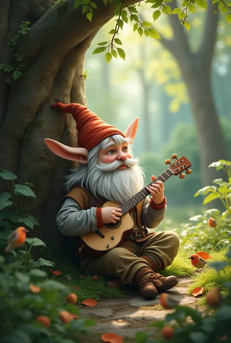 One cute cat、Forest Gnome, sitting under a tree in the forest, Play a musical instrument:1.5, Silver and white face、Birds