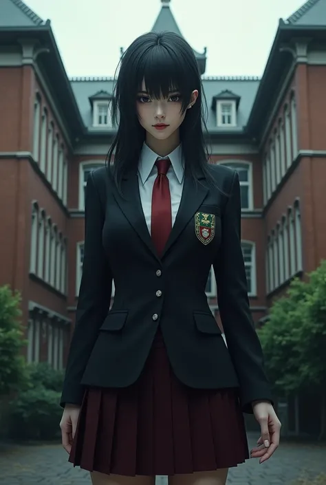 A female villain in school uniform with three tier school as background, more realistic 