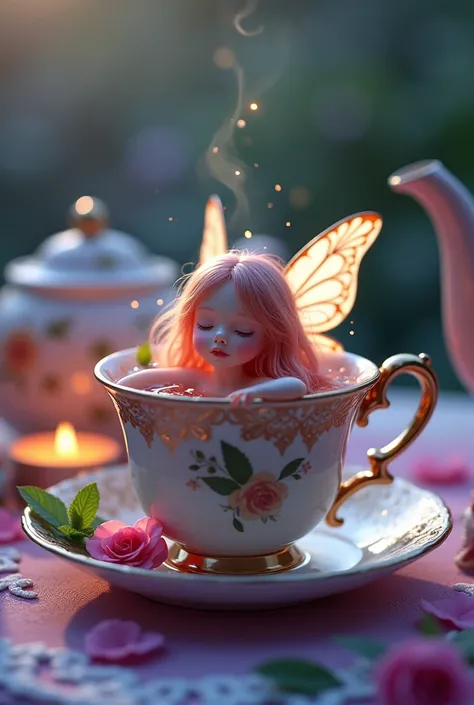 A charming, tiny fairy with gossamer wings and skin that glows with a soft luminescence, submerged in a delicate teacup filled with steaming herbal tea. The fairys iridescent wings fold neatly against her back, allowing her to fit comfortably in the small ...