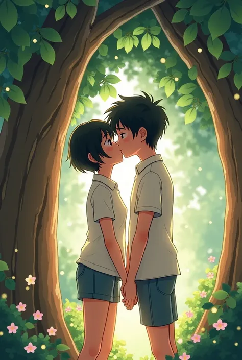 A girl with shorts, short polo shirt and short black hair kisses a boy in shorts, short polo and black hair in a tree house and it looks like anime