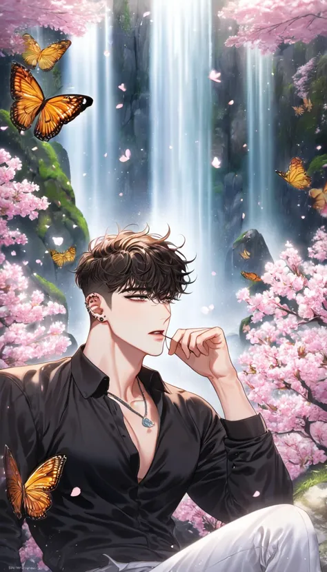 absurdres, highres, ultra detailed, HDR, master piece, best quality, detailed eyes, delicated features, Manhwa Style, Yae Jin, brown hair, messy hair, undercut, with bangs, expressive amber eyes, Love Jinx, solo, sexy man, handsome, sensual, adult face, bl...