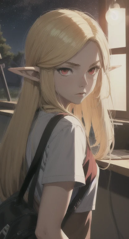 Modern Hylian, Highschool student, Hylia, blonde, red eyes, glaring at viewer, Triforce highschool, long messy hair, modern Hyrule, School, night, day,