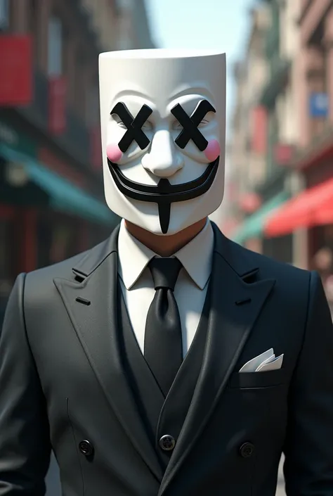 make a mayor in 4k wearing a white mask with a minecraft vibe smile 