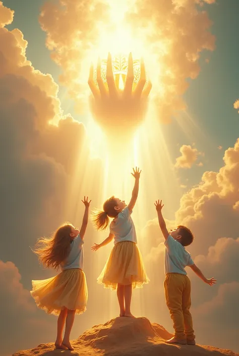 Create an image of children being taken up to heaven trying to reach a very large crown that is in the hand of God. 3 girls with long hair and dressed in a golden skirt and light blue blouse and 3 boys,  in gold pants and a blue shirt