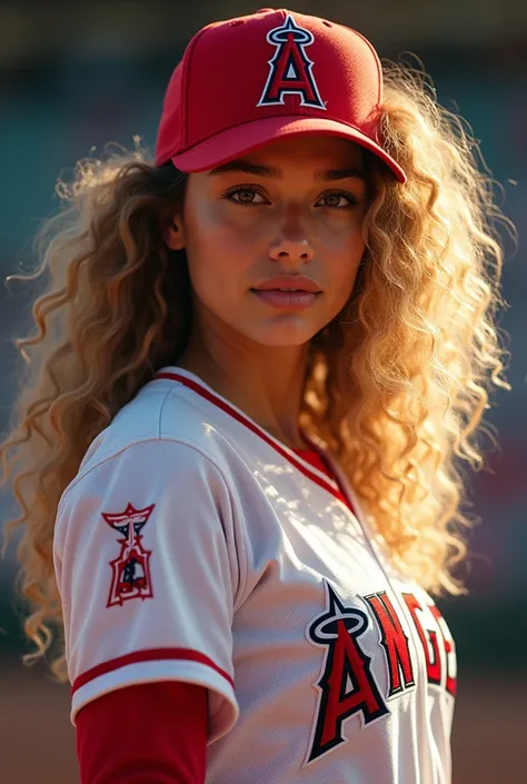 Beautiful latina baseball girl player wearing Los Angeles angels jersey  with blonde curly hair