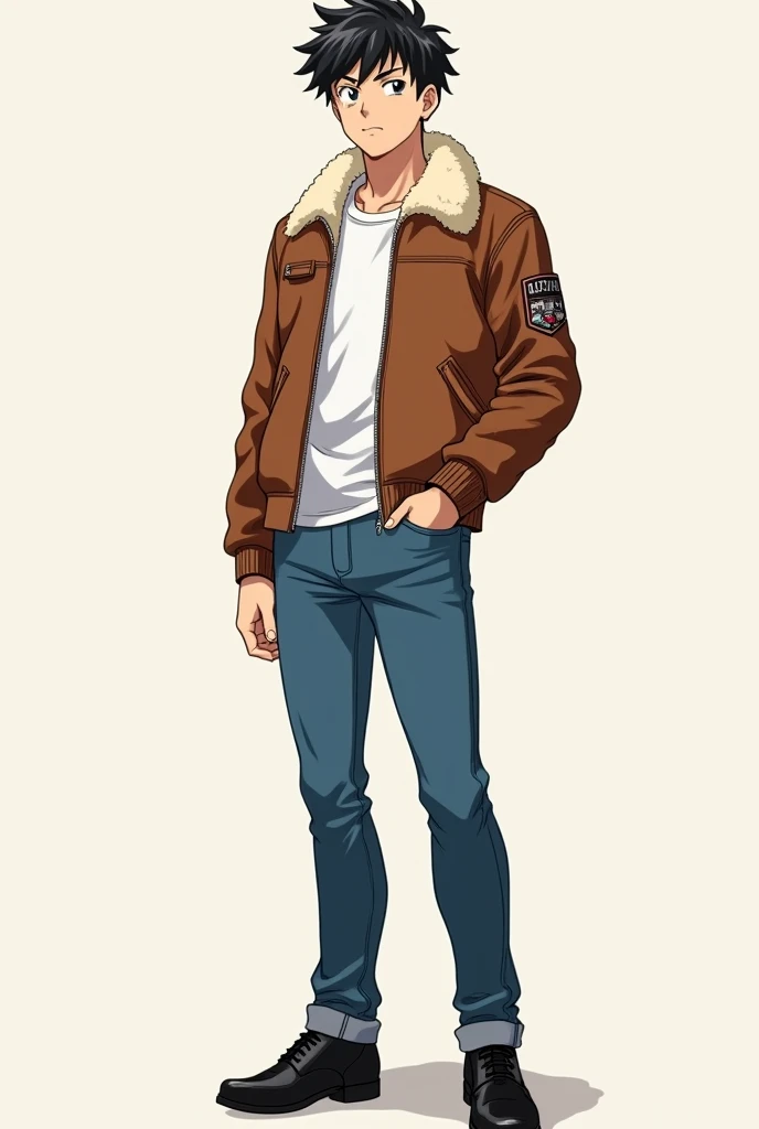 Gohan used a wearing a brown jacket, the brown jacket is specifically a Shearling leather Bomber jacket.
under a white blouse and blue jeans and black shoes.