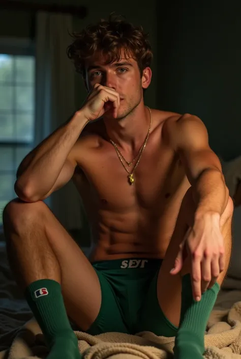 Handsome tanned teen with green eyes and green boxers with socks and as sweaty as possible and having them put on my nose and feet as sweaty as possible to lick them and massage them . realistic, hairy and sweaty armpits 