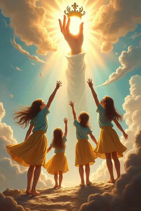 Create an image of children being taken up to heaven trying to reach a very large crown that is in the hand of God. 3 girls with long hair and dressed in a golden skirt and light blue blouse and 3 boys,  in gold pants and a blue shirt. The poster must have...