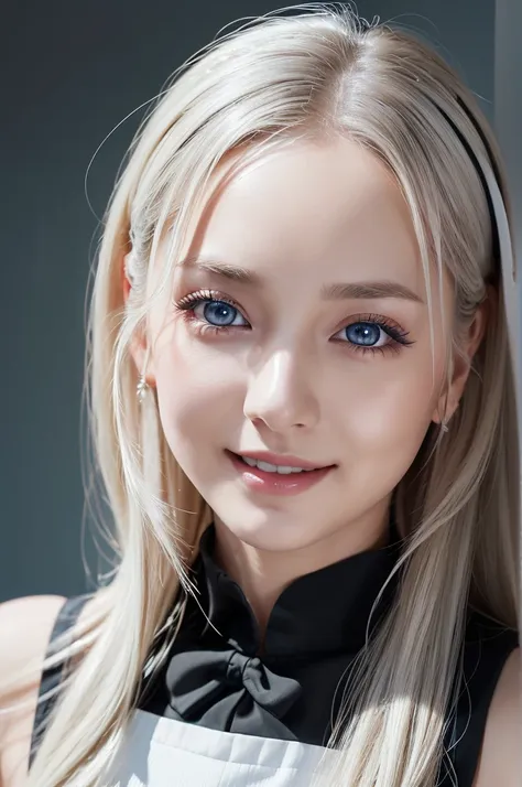 (She is a very young 20-year-old maid dressed in a black and white maid uniform.:1.25).She is very talented, obedient and devoted to her master.。Silky smooth and straight platinum blonde hair.Pale blue eyes.(Attractive eyes,Droopy eyes.Bright smile:1.5).Pe...