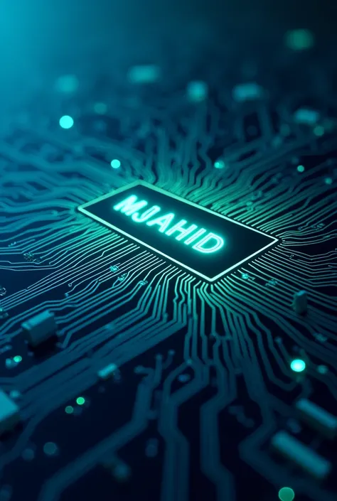 A wallpaper featuring a stylized electronic circuit board in blue tones. At the center, there’s a neon-like sign that reads “Mojahid Sarkar Rafi” in green and blue colors.