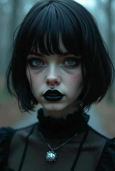 Beautiful goth girl with short black hair and a ring in her lips