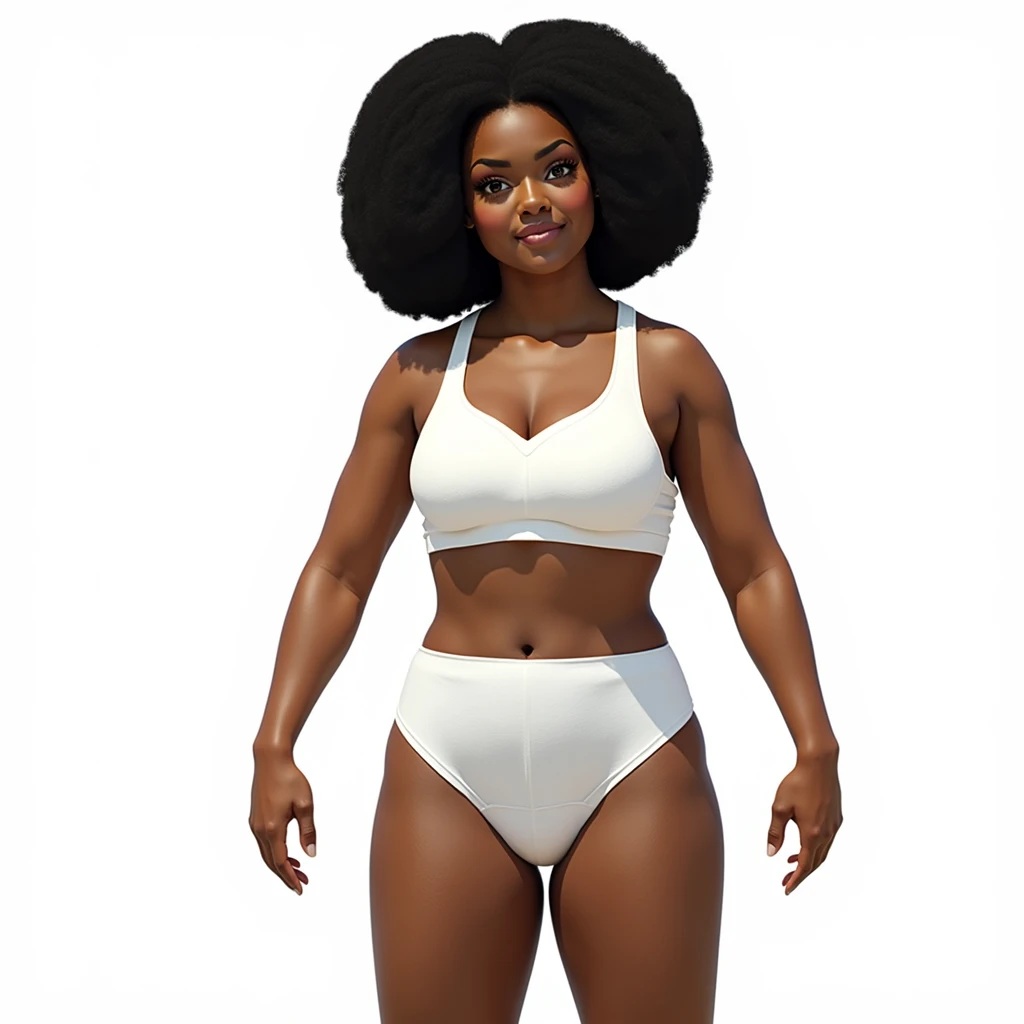 ((masterpiece, best quality)), ((((perfect anatomy)))), (((Curvy))) Black woman with large black afro, dark eye-shadow, dark brown eyes, ((white high cut cotton panties)), white cotton bra, smiling, realistically proportioned, (((no penis bulge))), standin...