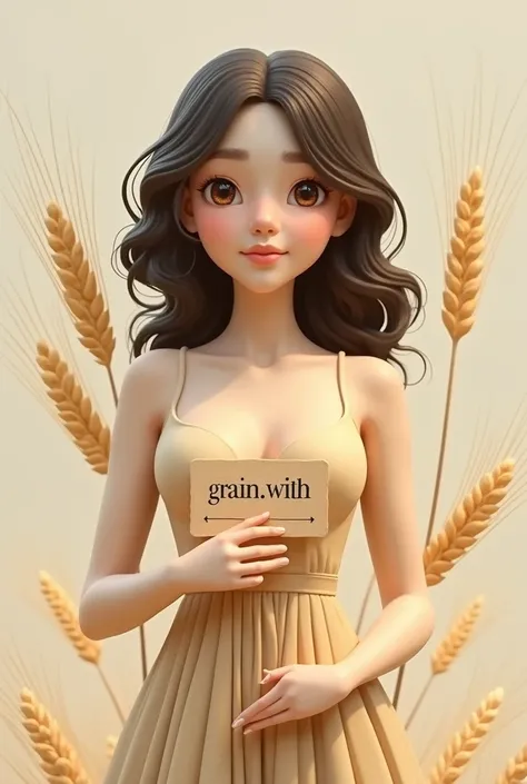 Image of a beige female wheat spike, curvilinear, light brown eyes, dark brown hair, with a beautiful smile,His hands hold a sign that says "grain.with"

