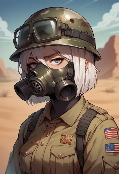 1 girl, in a gas mask m50, in an American military helmet,white hair, American Desert Military Uniform,automatic m16,Super Detailing, small details