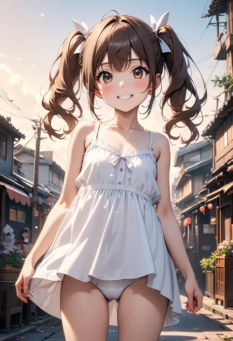  Very cute and beautiful girl,Anime Girls_1 person, Ryujo_Kantai Collection,Standing,small,,Brown_hair, Twin tails, Brown_eye, correct,White camisole,風でめくれているWhite camisole,Wearing white panties, Visible panties,Flat chest, smile.(Best Quality,masterpiece:...