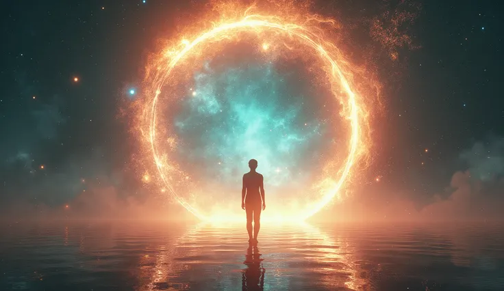 "Create an ULTRA REALISTIC image of a person in front of a cosmic portal, surrounded by bright lights and spiraling energy. The portal opens to the vast universe, full of stars and galaxies in the distance. convey depth."