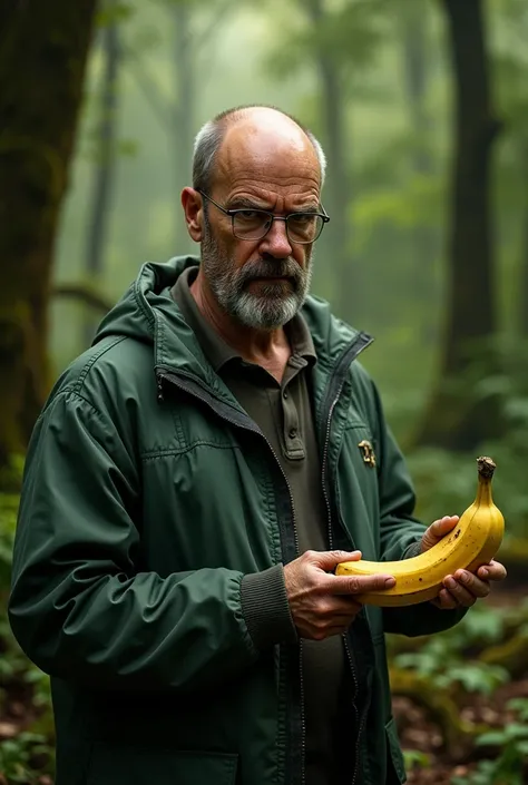 Walter white with a banana in his hand in the forest