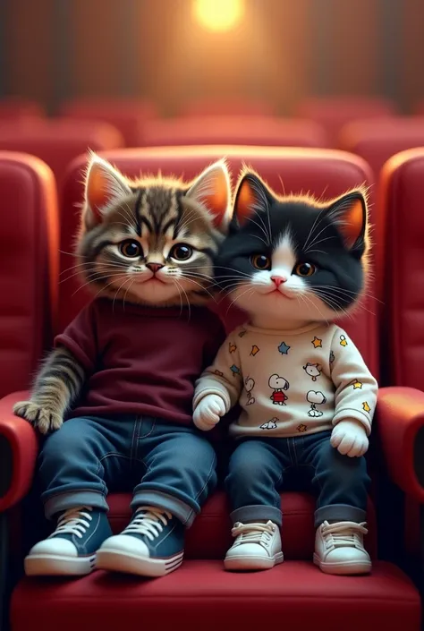 A kitten with very dark brown fur wearing jeans, a dark wine colored long sleeve shirt and blue sneakers, sitting in the cinema holding hands with a black and white kitten, tight pants, white long-sleeved shirt with Snoopy cartoon characters and sneakers. ...