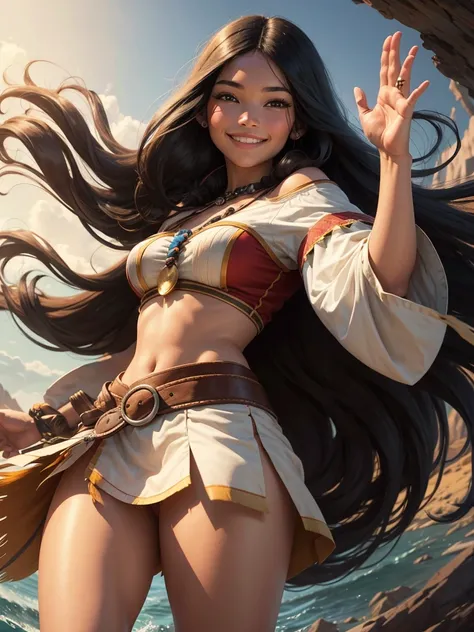 Pocahontas waving. High resolution, Long hair, smile, Black hair, 