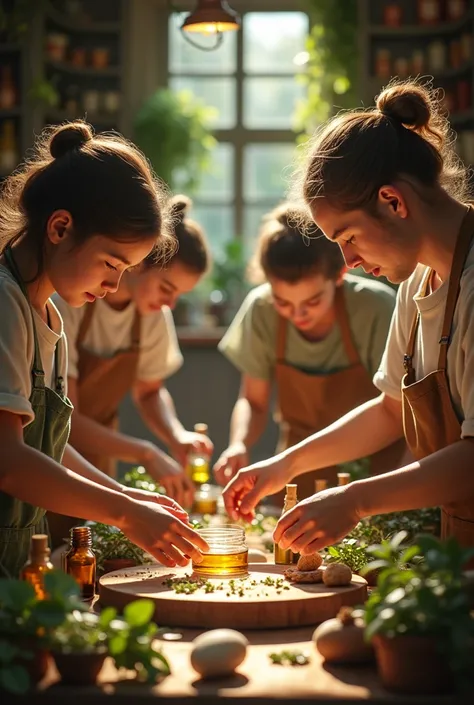 People mixing oils, herbs, and other organic remedies at home.