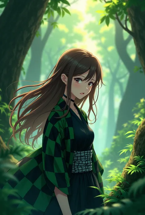 anime girl with black and green checkered haori in the forest and brown hair and black shirt