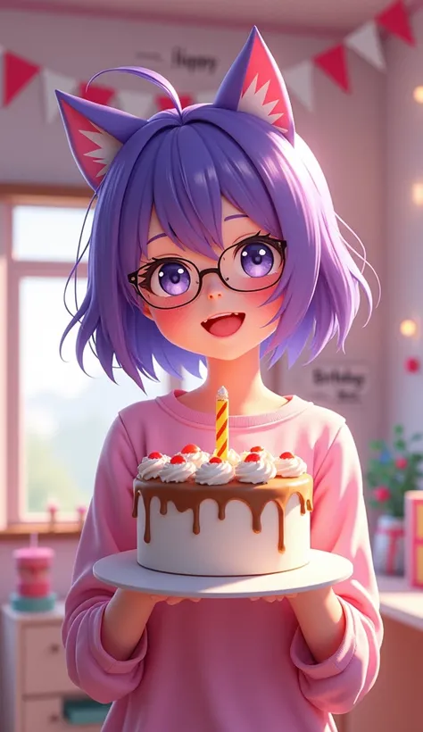 1 girl, High resolution,Anime face, smile, Short hair, cat ears, Purple hair, Hime cut, Wide angle view, wear glasses, 3D rendering, 3D virtual reality, Standing holding a birthday cake in a room decorated for a birthday celebration written on the wall"HAP...