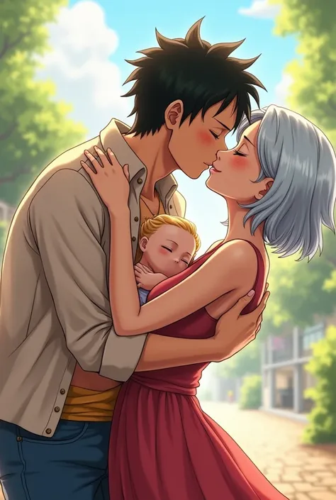 MONKEY.D.Luffy y una chica peli-blanca De pelo corto DanDose un beso con un bebé en brazos