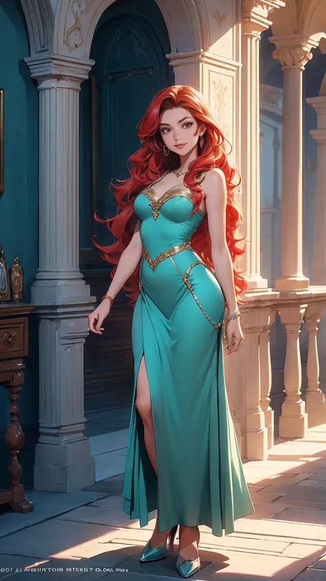 (((full body photo))), (best quality, masterful work), ariel of disney, 1girl, straight hair, wavy red hair, wide smile, support...