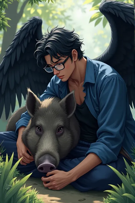 man,anime,brown skinned,style clothes,blue and black clothes,Bblack hair,eyes black,Wings,black feathers,um javali deitado,fazendo carinho no javali,usando óculos 