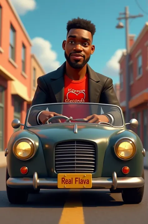 Animation black man in a red t shirt an a black 
blazer  with kerronrecords on the front of it, driving a criss car with Real Flava as the license plate.