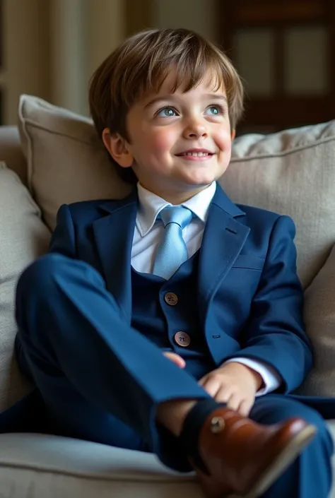 Photograph of a seven year old boy sitting on the sofa watching cricket with brown blonde hair..., brown eyes, white skin, The boy was wearing a blue suit and a pale blue silk tie.., raising his right leg very relaxed, Smiling a little with very elegant sh...