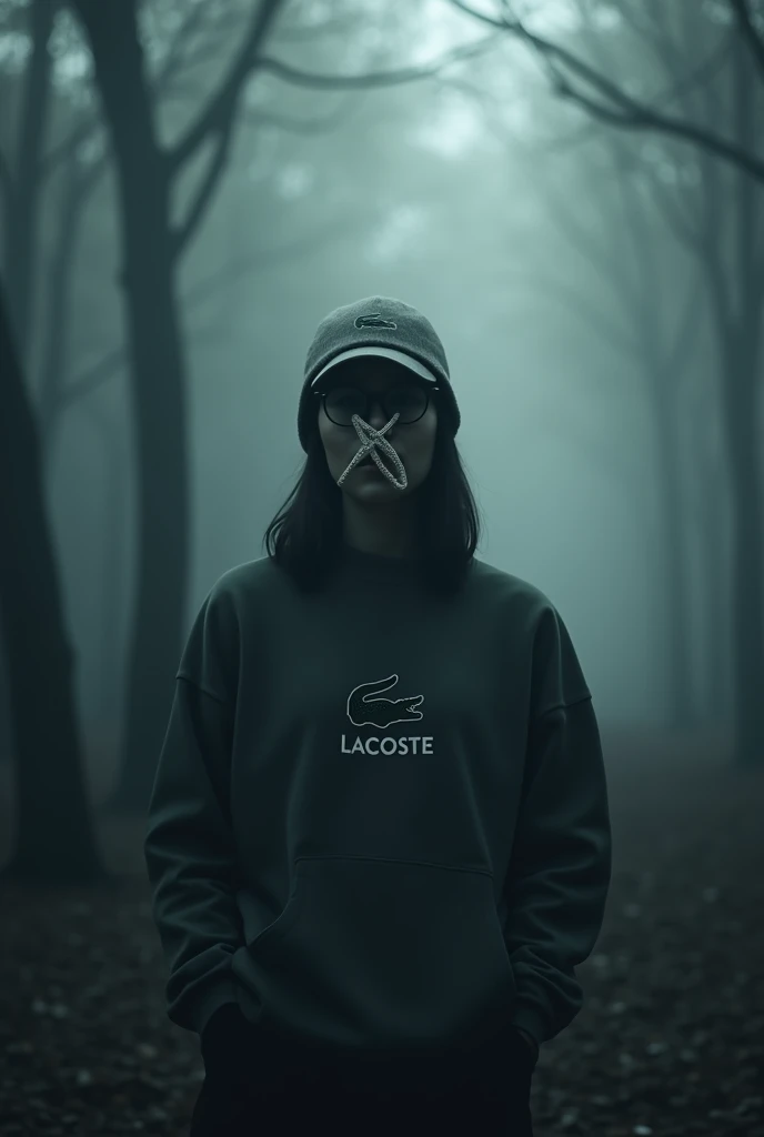 Mobile wallpaper of a lonely person in a foggy forest wearing round frame glasses wearing a sweatshirt with a Lacoste hat with an x covering the entire face
