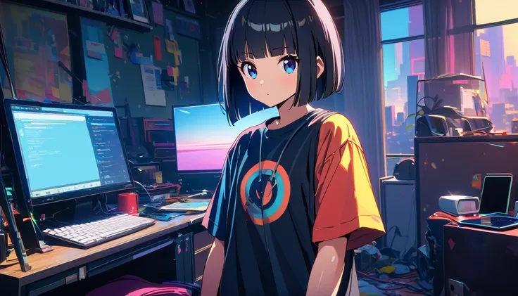 whole body, Upper Body, iPhone , Messy room, Apartment, 1 girl((blue eyes)) (((Shortcuts、Bobcut、Shiny black hair))) (Wear your headphones correctly) (Oversized T-shirt), 4K, Warm colors , Dim lighting、、80s Fashion、Retro Color、Best Quality、Detailed Backgrou...