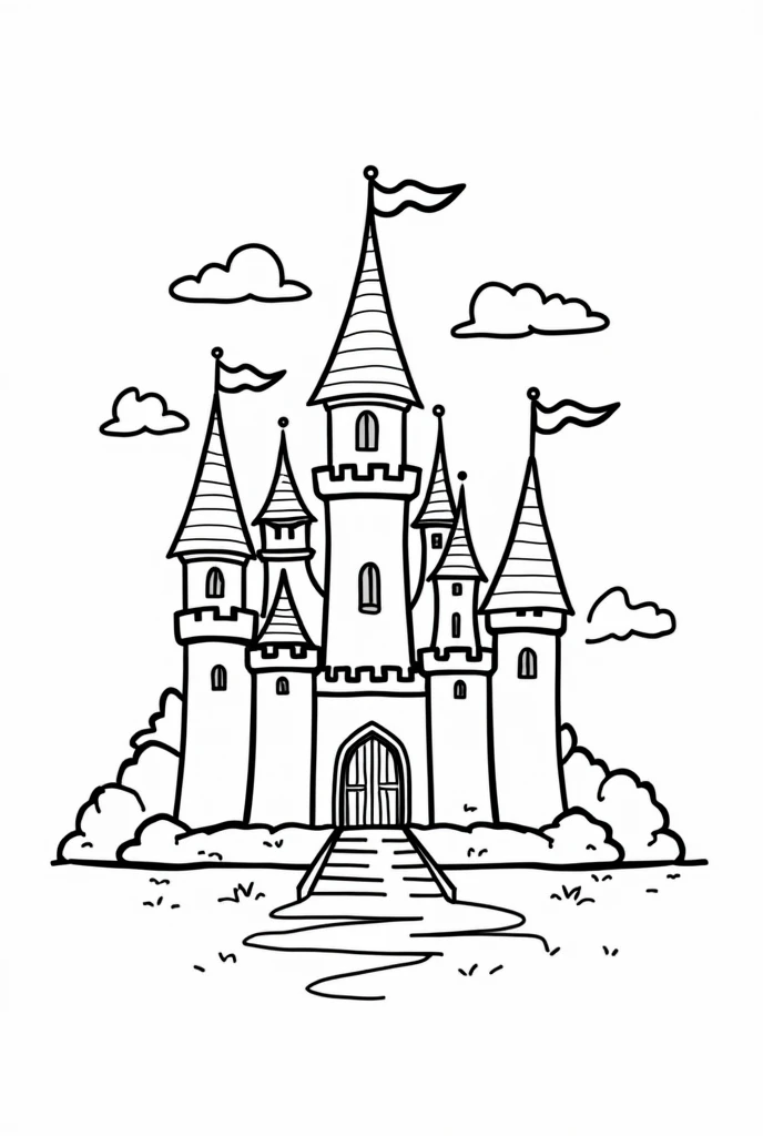 coloring book page for kids of castle, black and white, cute minimalism 
--v5