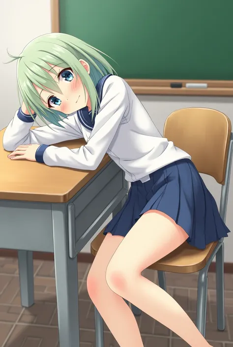 A girl with light green hair and droopy eyes、Lying on a desk in a school classroom。Wearing only the upper half of the uniform、The lower half of the body is spread apart。