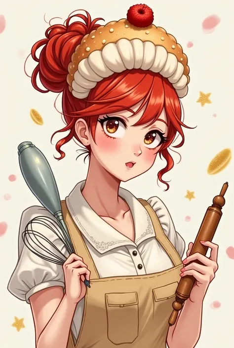 drawing of a woman with a pastry hat and pastry utensils with red hair in small mode