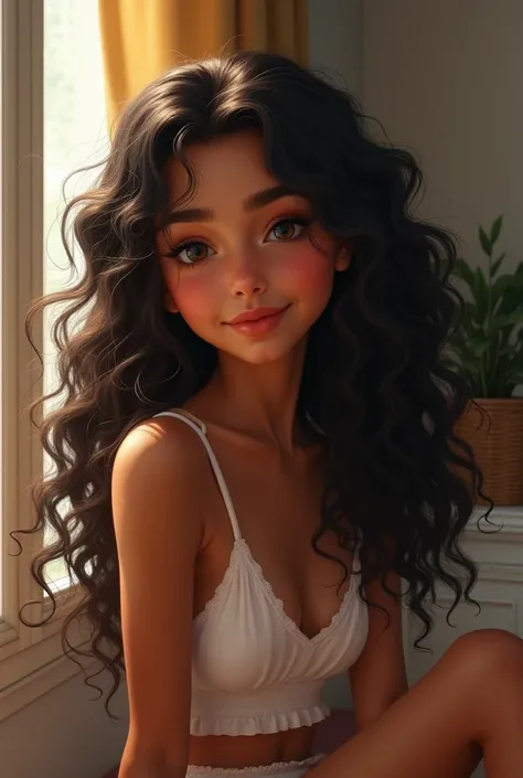 2d, Beautiful girl, brown skin, long curly hair jet black, nice smile, button nose, sitting next to a window.