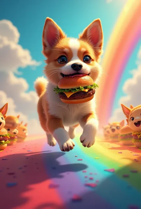 Dog running over a rainbow shows eating a burger with eyes