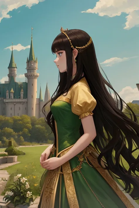 Princess with long dark hair in profile wearing a green and gold dress with a castle in the background 