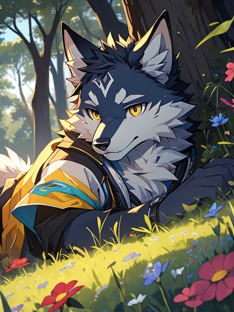 (Furry art, uploaded on e621: 1.4),1 boy, a wolf, alone in a field of grass, colorful flowers, lying down, looking up, night time, looking up at starts, cool clothes, standing, detail fur, perfect eyes, detail body, detail face, perfect pulpils, mucular, (...