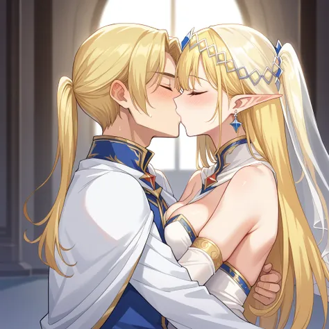 ((best quality)), ((masterpiece)), (detailed), （perfect face）、the woman is seras ashlain, a blonde elf wearing a gorgeous weddin...