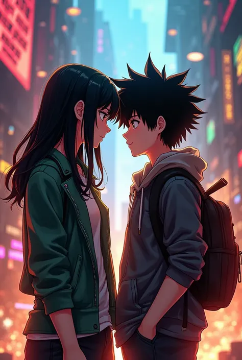 Izuku Midoriya with a girl with black hair and a rocker, complexion media version 2d
