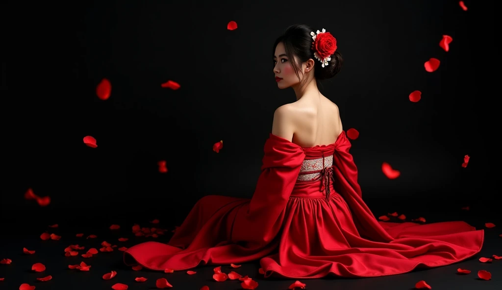 Картина акварелью, beautiful japanese woman with big breasts in revealing red kimono, autumn, on black background, red rose petals falling